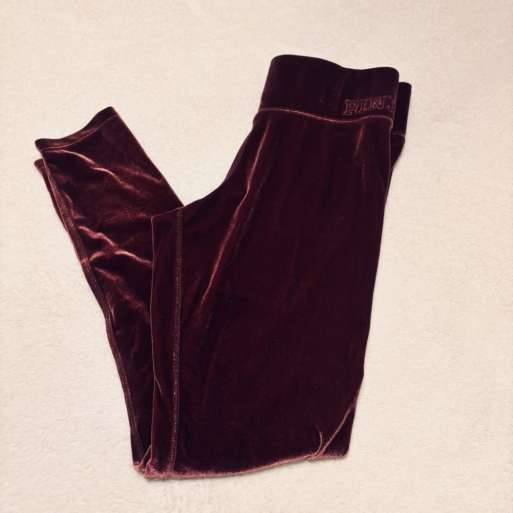 PINK Victoria's Secret Velvet Leggings Burgundy Wine Medium Logo Ankle Dog